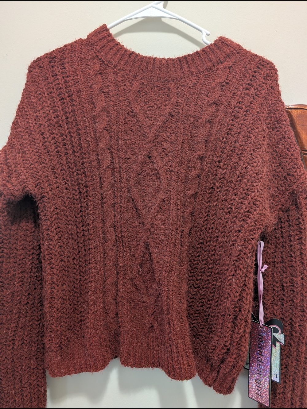 Madden Girl Cable-Knit Crewneck Sweater in Rust Red
